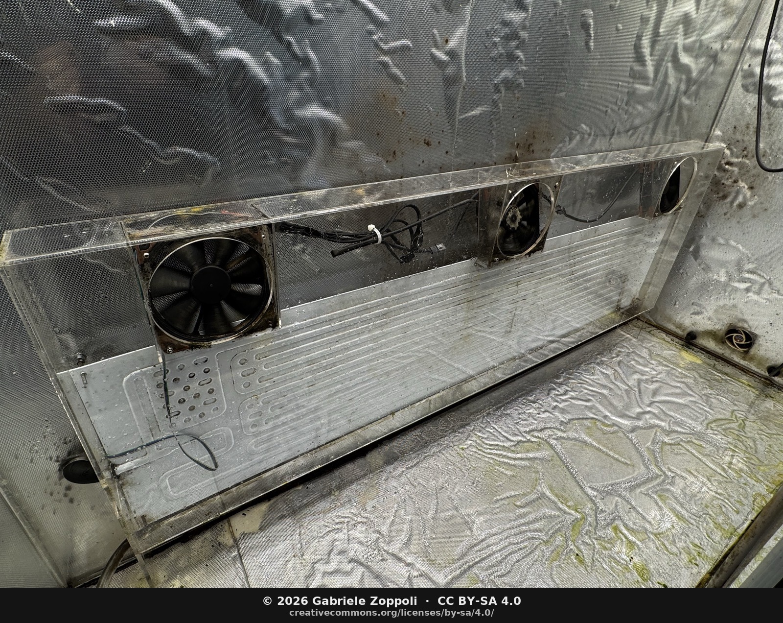 The freezer-evaporator fan array — three PWM fans on a polycarbonate cover plate, pulling air across the cold-plate behind. One had silently disconnected itself. The dead corner was the corner with no airflow.